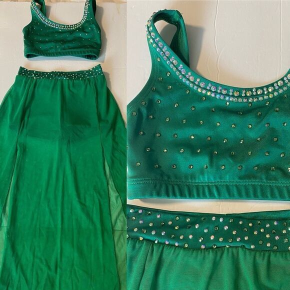 The Line up solo dance custom costume kelly green 2 piece maxi skirt leotard 10 - Picture 3 of 15